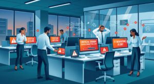 IT operations room under outage: multiple screens display system offline and critical error alerts as staff react in distress